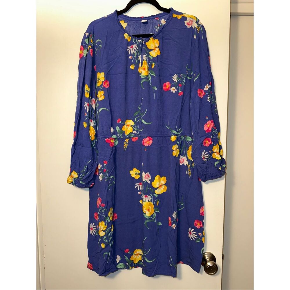 Old Navy XXL Floral Balloon Sleeve Dress Keyhole Neck Blue Pink Yellow EUC